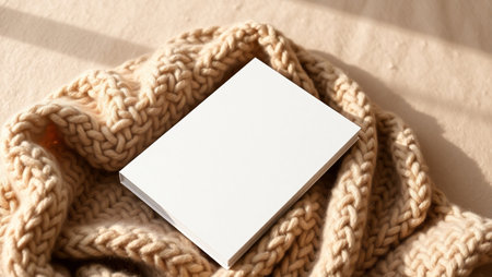 Top-down view of an open blank notebook placed on a soft, beige chunky knitted blanket. The scene is bathed in natural light, creating a warm and inviting atmosphere perfect for relaxation and creativity. The clean white pages suggest a fresh start for journaling, sketching, or planning. Ideal for lifestyle blogs, productivity content, stationery branding, and cozy workspace inspiration. This minimalist composition evokes comfort, mindfulness, and artistic expression.の素材
