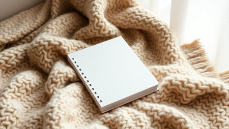 Top-down view of an open blank notebook placed on a soft, beige chunky knitted blanket. The scene is bathed in natural light, creating a warm and inviting atmosphere perfect for relaxation and creativity. The clean white pages suggest a fresh start for journaling, sketching, or planning. Ideal for lifestyle blogs, productivity content, stationery branding, and cozy workspace inspiration. This minimalist composition evokes comfort, mindfulness, and artistic expression.の素材