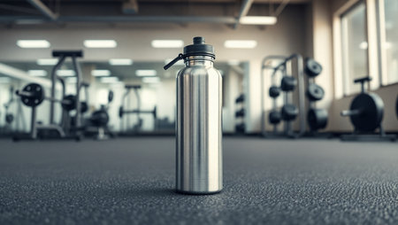 A closeup shot of a sports bottle in a gym with blurry backgroundの素材