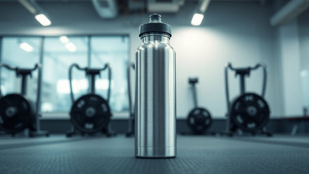 Closeup of a metal sports bottle in a gym. 3d renderingの素材