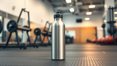 Sport bottle on the floor in the gym. 3d rendering.の素材