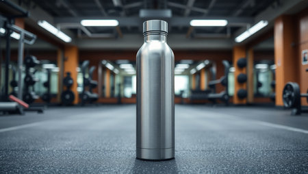 3d render of a bottle of water on the floor in the gymの素材