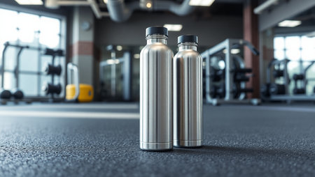3d render of two metal sports water bottles in a modern gymの素材