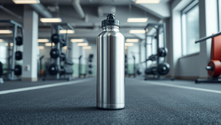 3d render of a metal water bottle in a modern gym.の素材
