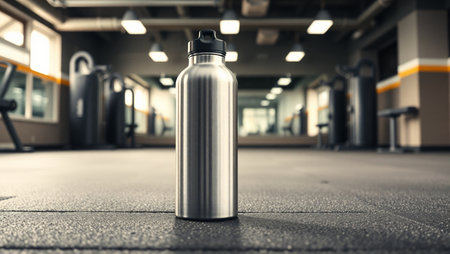 3D render of a metal water bottle in a modern gym.の素材