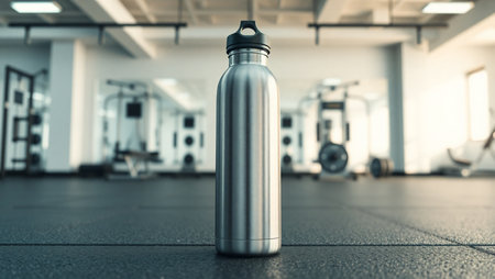 Close up of a metal water bottle in a gym. 3d renderingの素材