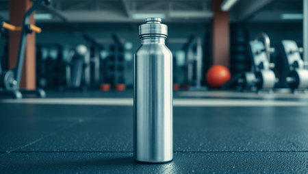 Sports bottle on the floor in the gym. 3d rendering.の素材