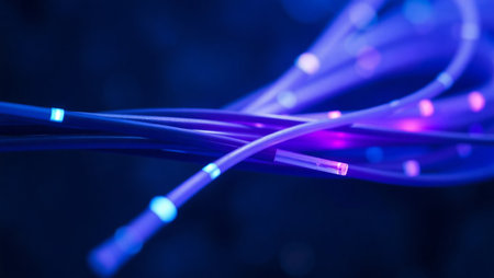 dynamic optical fibers flying from deep on technology abstract backgroundの素材