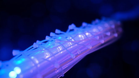fiber optical network cable with blue led lights, closeup of photoの素材