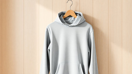 Blank gray sweatshirt hanging on wooden wall. Mockup, 3D Renderingの素材