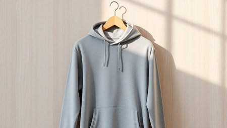 Blank gray sweatshirt mockup hanging on wooden wall. 3d renderingの素材