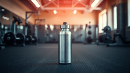 Sports water bottle in the gym. 3d rendering. Toned image.の素材
