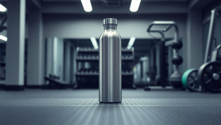 3D rendering of a metal water bottle in a fitness club.の素材
