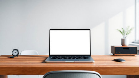 Close up of modern designer desktop with blank white laptop screen, computer mouse and other items. Mockup, 3D Renderingの素材