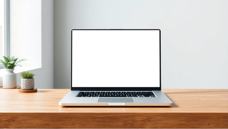 Laptop with blank white screen on wooden table in office room.の素材