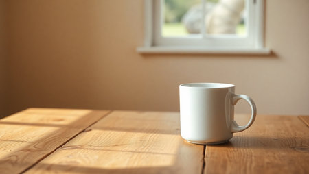 Coffee cup on wooden table in front of window, stock photoの素材