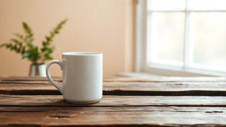 Minimalist indoor setting featuring a plain white ceramic mug placed on a wooden surface, softly illuminated by natural light from a nearby window. A blurred green plant in the background adds warmth and depth to the composition. The clean lines and neutral tones evoke a calm, cozy atmosphere, ideal for themes related to morning routines, relaxation, home decor, and lifestyle content. Perfect for use in blogs, product mockups, social media visuals, and editorial designの素材