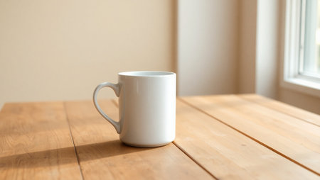 Coffee cup on wooden table with copy space, stock photoの素材