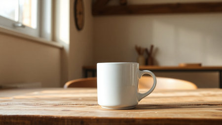 Coffee cup on wooden table in coffee shop, stock photoの素材