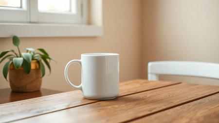 Coffee cup on wooden table in coffee shop, stock photoの素材