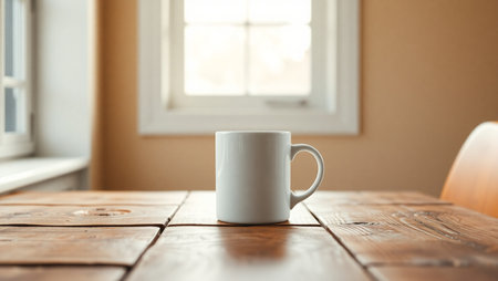 Coffee cup on wooden table in coffee shop, stock photoの素材