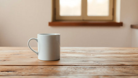 Coffee cup on wooden table in coffee shop, stock photoの素材