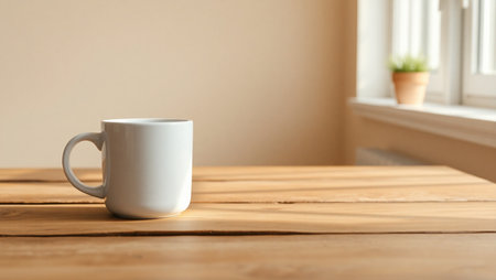 Coffee cup on wooden table in coffee shop, stock photoの素材