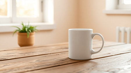 Coffee cup on wooden table in living room, stock photoの素材