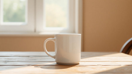 White cup of coffee on the wooden table in morning light with copy spaceの素材