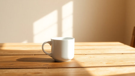 Coffee cup on wooden table with sunlight and shadow background.の素材