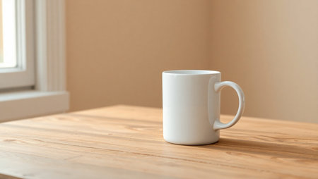 Coffee cup on wooden table in coffee shop, stock photoの素材