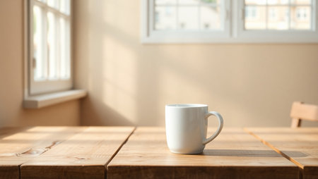 Coffee cup on wooden table in coffee shop, stock photoの素材
