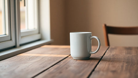 Coffee cup on wooden table in coffee shop, stock photoの素材