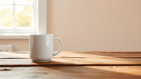White cup of coffee on wooden table in front of window at homeの素材