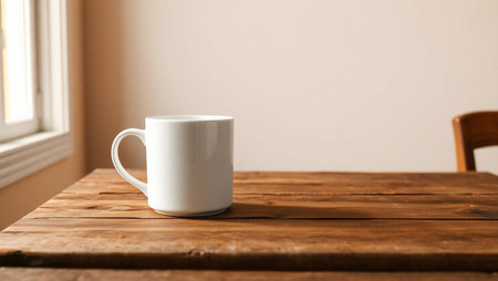 Coffee cup on wooden table in morning light, stock photoの素材