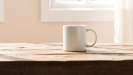 Coffee cup on wooden table in the morning, stock photoの素材