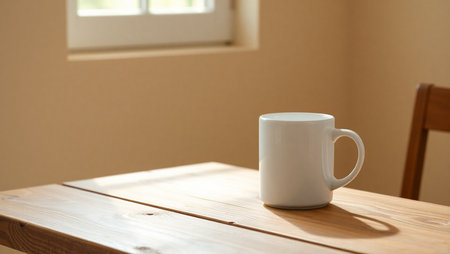 Coffee cup on wooden table in coffee shop, stock photoの素材