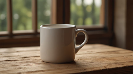 Coffee cup on a wooden table in front of the windowの素材