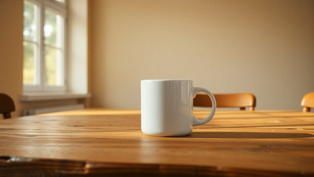 Coffee cup on wooden table in coffee shop, stock photoの素材