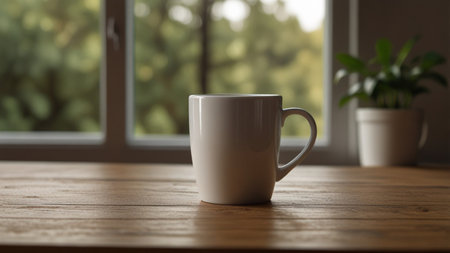 Coffee cup on wooden table in front of a window.の素材
