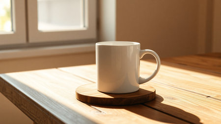 Coffee cup on a wooden table in the morning light.の素材