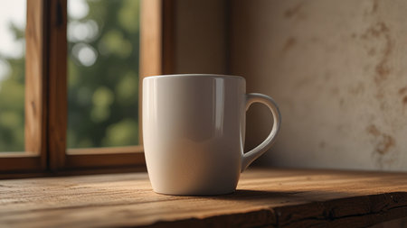 Coffee cup on the wooden table in front of the windowの素材