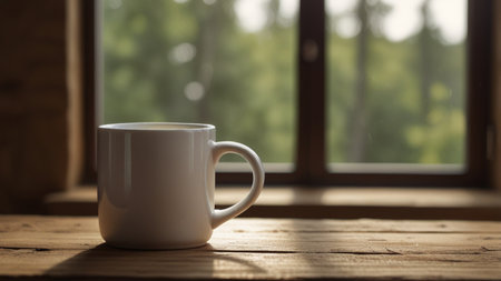Coffee cup on wooden table in front of the window.の素材