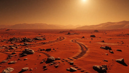 Car tracks in the Sahara desert at sunset, Morocco, Africa.の素材