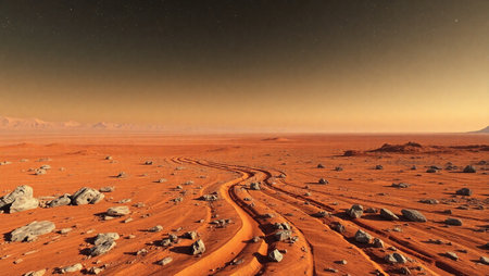 Wadi Rum desert in Jordan at night with tire tracks and starry skyの素材