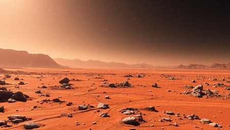 Wadi Rum desert at night, Jordan. Red sand dunes and mountains.の素材
