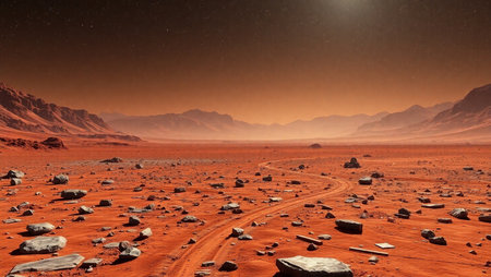 3D rendering of a desert landscape with red sand and mountains at nightの素材