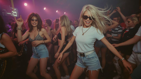 Portrait of a young woman dancing at a party in a nightclubの素材