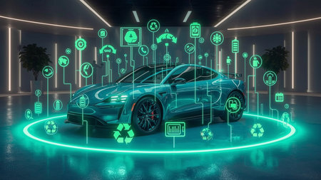 View of an Electric car displayed in a futuristic interface - 3d renderingの素材