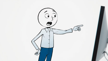 Cartoon man pointing at computer screen with angry face drawn on itの素材